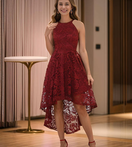 Women'S Halter Floral Lace Cocktail Party Dress Hi-Lo Bridesmaid Dress